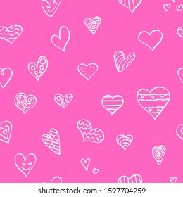 Seamless pattern with hand drawn heart shapes on pink background. Cute valentine day backdrop. Vector illustartion.