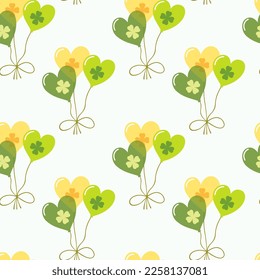 Seamless pattern of hand drawn heart balloons with shamrock leaves. Design for St. Patrick’s day celebration, party decoration, scrapbooking, home decor, textile, print, paper crafts.