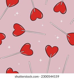 seamless pattern with hand drawn heart shaped lollipops, candies. Good for valentine's day wrapping paper, scrapbooking, stationary, textile prints, wallpaper, etc. EPS 10