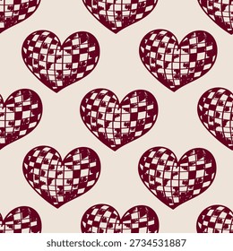 Seamless pattern with hand drawn heart shaped disco balls. Vector background in sketch style. Vintage illustration for valentine's day