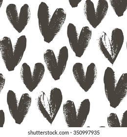 Seamless Pattern With Hand Drawn Heart. Hearts Painted Dry Brush. Ink Illustration. Ornament For Wrapping Paper. Isolated On White Background. Artistic Texture.