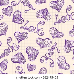 Seamless pattern of hand drawn heart shape and the inscription "love". Doodle vector illustration