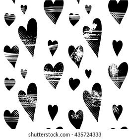 Seamless pattern with hand drawn heart. Hearts painted dry brush. Ink illustration. Ornament for wrapping paper. Isolated on white background. Artistic texture.