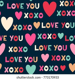 Seamless pattern of hand drawn heart and typography design for valentine’s day
