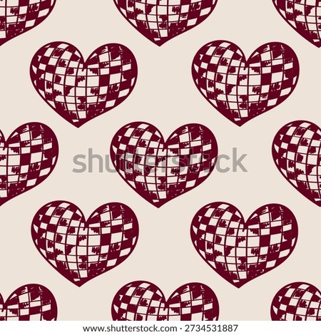 Seamless pattern with hand drawn heart shaped disco balls. Vector background in sketch style. Vintage illustration for valentine's day