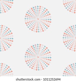 Seamless pattern, hand drawn hearts in brush organised into circles.Vector Illustration