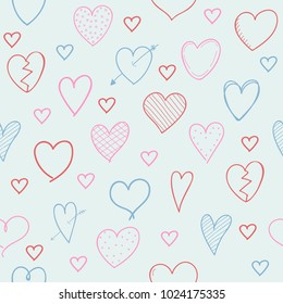 Seamless pattern with hand drawn hearts - concept of a wrapping paper. Vector.