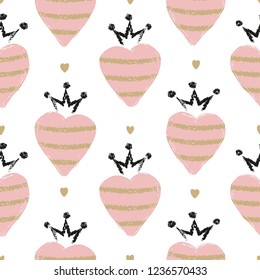 Seamless pattern with hand drawn hearts and crowns.