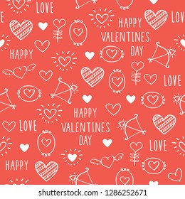 Seamless pattern with hand drawn hearts and elements on coral color background. Ornament for Valentine's Day, mother's day, birthday, wedding. Vector.