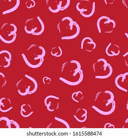 Seamless pattern with hand drawn hearts. Doodle grunge pink hearts on red background. Vector illustration.