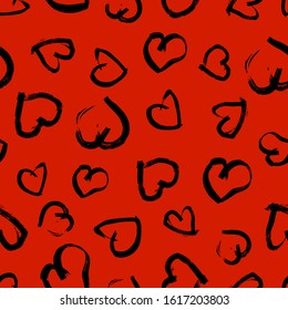 Seamless pattern with hand drawn hearts. Doodle grunge black hearts on red background. Vector illustration.