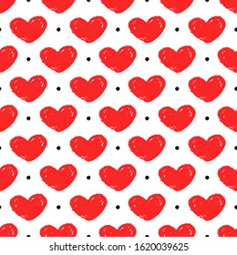 Seamless pattern with hand drawn hearts and dots. White background and painted red hearts. Romantic vector illustration for love, wedding or Valentine's day design.