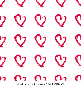 Seamless pattern with hand drawn hearts. Doodle grunge red hearts on white background. Vector illustration.