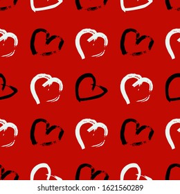 Seamless pattern with hand drawn hearts. Doodle grunge black and white hearts on red background. Vector illustration.