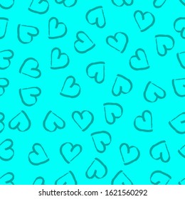 Seamless pattern with hand drawn hearts. Doodle grunge blue hearts on blue background. Vector illustration.