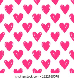 Seamless pattern with hand drawn hearts. White background and painted pink hearts. Romantic vector illustration for love, wedding or Valentine's day design.