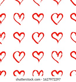 Seamless pattern with hand drawn hearts. Doodle grunge red hearts on white background. Vector illustration.