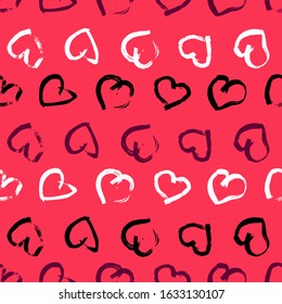 Seamless pattern with hand drawn hearts. Doodle grunge black and white hearts on red background. Vector illustration.