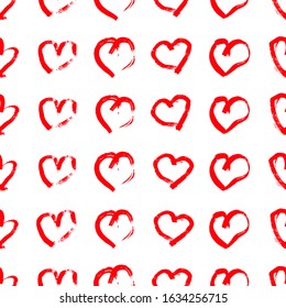 Seamless pattern with hand drawn hearts. Doodle grunge red hearts on white background. Vector illustration.