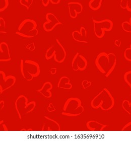 Seamless pattern with hand drawn hearts. Doodle grunge red hearts on red background. Vector illustration.