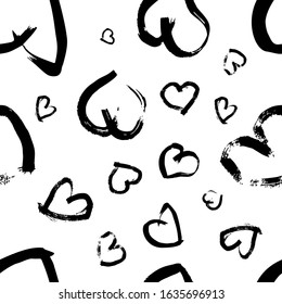 Seamless pattern with hand drawn hearts. Doodle grunge black hearts on white background. Vector illustration.