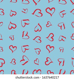 Seamless pattern with hand drawn hearts. Doodle grunge red hearts on blue background. Vector illustration.