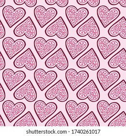 Seamless pattern with hand drawn hearts. All elements are decorated with cute pattern inside. Pink and red colours. Vector illustration on pink background.