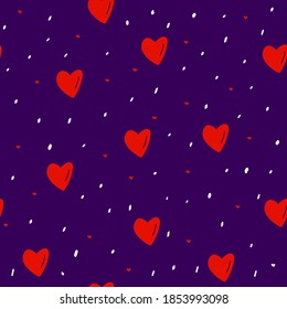 Seamless pattern with hand drawn hearts on dark background,birthday,valentine decoration,romance print,can be used for wallpaper,wrapping paper,cover,fabric design,postcard,web page