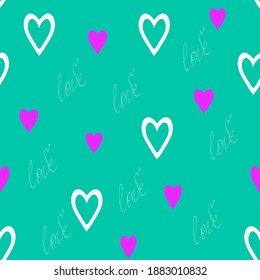 Seamless pattern with hand drawn hearts and words Love,cute template for birthday,Valentine decoration,romance print,can be used for wallpaper,background,wrapping paper,cover,fabric design,postcard