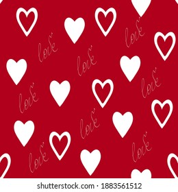 Seamless pattern with hand drawn hearts and words Love,template for birthday,Valentine decoration,romance print,can be used for wallpaper,background,wrapping paper,cover,fabric design,postcard