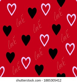 Seamless pattern with hand drawn hearts and words Love,red background,Valentines day decoration,romance print,can be used for wallpaper,background,wrapping paper,cover,fabric design,postcard