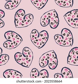 Seamless pattern with hand drawn hearts with texture. Black hearts on pink background. Heart Love Vector Illustration, Heart wallpaper love romance and wedding symbols.