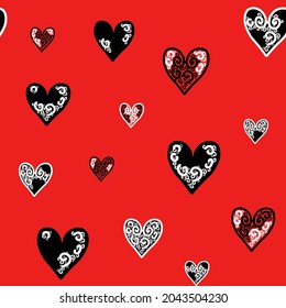 Seamless pattern with hand drawn hearts with celtic ornament,surface pattern template,valentines decoration,print can be used for wallpaper,background,wrapping paper,cover,fabric design,postcard