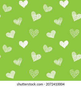 Patrón sin brillo con los corazones dibujados a mano al estilo de doodle. Colores verdes y blancos. El amor del día de San Valentín y el fondo de textura de boda. Hermosa impresión para textiles, tarjetas, envoltura de regalo, diseño y decoración. 