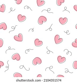 Patrón sin brillo con corazones dibujados a mano sobre fondo blanco. Estilo de doodle de arte de línea. San Valentín, Día de la Madre, tarjeta de cumpleaños, papel pintado o envolver diseño de papel.