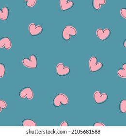Nahtloses Muster mit handgezeichneten Herzen auf blauem Hintergrund. Line Art Doodle Stil. Valentinstag, Muttertag, Geburtstagskarte, Tapete oder Verpackungspapierdesign.