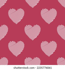 Seamless pattern of hand drawn hearts on isolated magenta background. Design for Valentine's Day, wedding and mother’s day celebration, greeting cards, home decor, wrapping paper, scrapbooking.