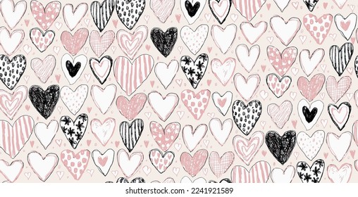 Seamless pattern with hand drawn hearts on a white background. Decorative background with symbols of love. Valentine's day vector illustration for wrapping paper, scrapbooking, wallpapers.