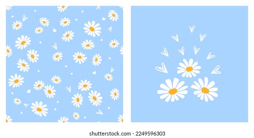 Seamless pattern with hand drawn hearts and daisy flower on blue background. 