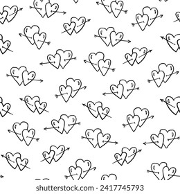 Patrón sin brillo con corazones dibujados a mano. Ilustración vectorial en blanco y negro.