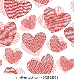  Seamless pattern with hand drawn hearts. St Valentine's day background. Cute texture with line hearts