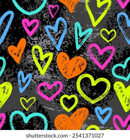 Seamless pattern with  hand drawn hearts in brush stroke texture paint style in neon colors. Trendy print for valentines day. Great for textile, fabric, wallpaper, wrapping, scrapbook and packaging
