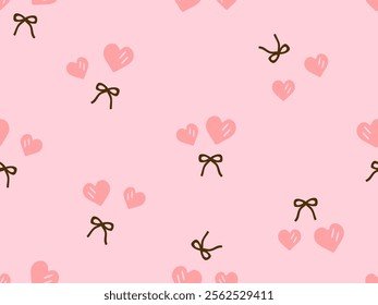 Seamless pattern with hand drawn hearts and ribbon bows on pink background vector.