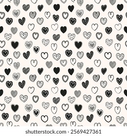 Seamless pattern with hand drawn hearts. Background with elements in cartoon style. Doodles. Design for Valentine’s Day, Mother’s Day and Women’s Day. Vector illustration