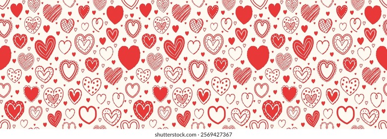 Seamless pattern with hand drawn hearts. Background with elements in cartoon style. Doodles. Design for Valentine’s Day, Mother’s Day and Women’s Day. Vector illustration
