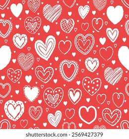 Seamless pattern with hand drawn hearts. Background with elements in cartoon style. Doodles. Design for Valentine’s Day, Mother’s Day and Women’s Day. Vector illustration