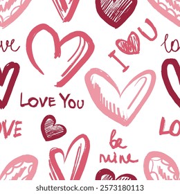 Seamless pattern with hand drawn hearts with lettering for the Valentine's day as a symbol of love. Brush stroke textured art. Vector sketch illustration in vintage charcoal ink style