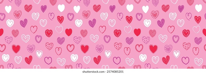 Seamless pattern with hand drawn hearts. Background with elements in cartoon style. Doodles. Design for Valentine’s Day, Mother’s Day and Women’s Day. Vector illustration