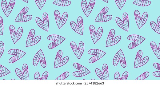 Seamless pattern with hand drawn hearts, icons, doodles. Repeating background for textiles, wrapping paper. Valentine's Day.