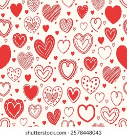 Seamless pattern with hand drawn hearts. Background with elements in cartoon style. Doodles. Design for Valentine’s Day, Mother’s Day and Women’s Day. Vector illustration